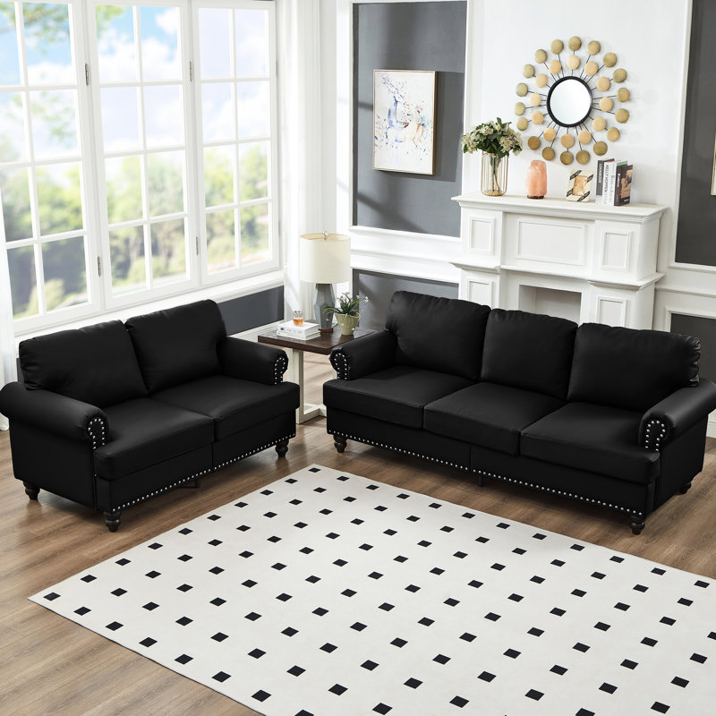 Cuir de vache noir et clous ronds argentés, structure en bois massif stable, housses de coussins amovibles, siège confortable classique moderne, pieds, sièges, espace de rangement, facile à assembler