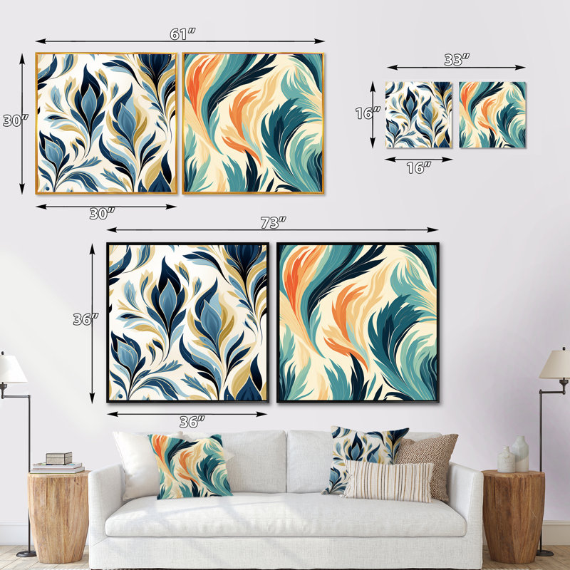 Ikat nordique bleu et vert Simplicity - Abstract Botanicals Square, Cadre flottant noir, H 30 po x l 61 po