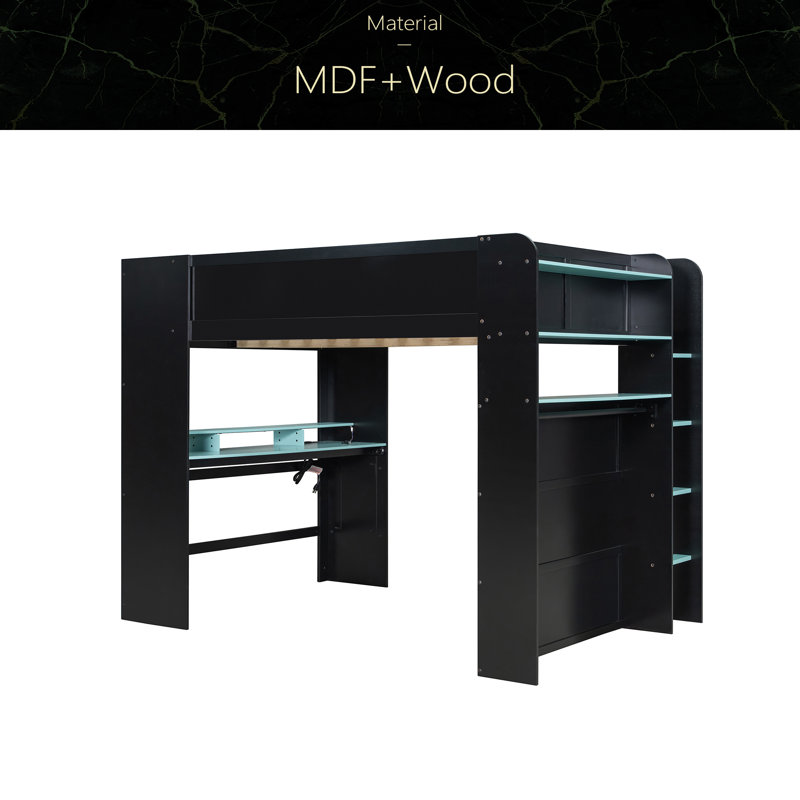 Lit superposé double en bois pleine grandeur avec bureau à hauteur réglable, garde-robe, grand espace de rangement et lumière RVB