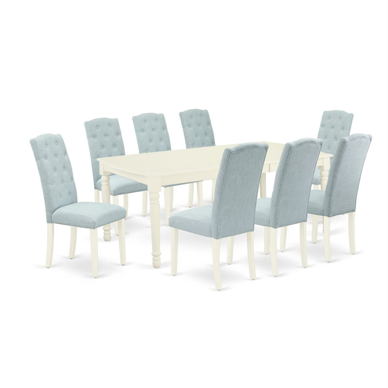Ensemble de table de salle à manger 9 pièces comprenant une table de salle à manger rectangulaire avec feuille papillon et 8 chaises parsons en tissu bleu bébé, lin blanc