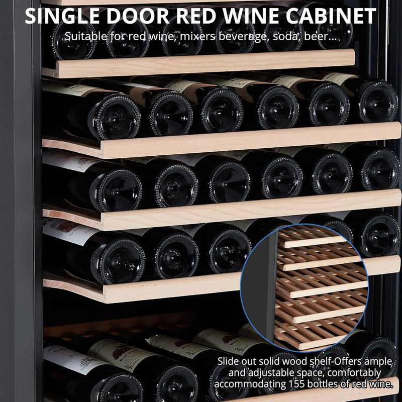 Grand réfrigérateur à vin encastré ou autoportant de 27 pouces, capacité de 155 bouteilles, porte en verre trempé double couche, verrou de sécurité et conception à une zone pour le vin et le champagne.