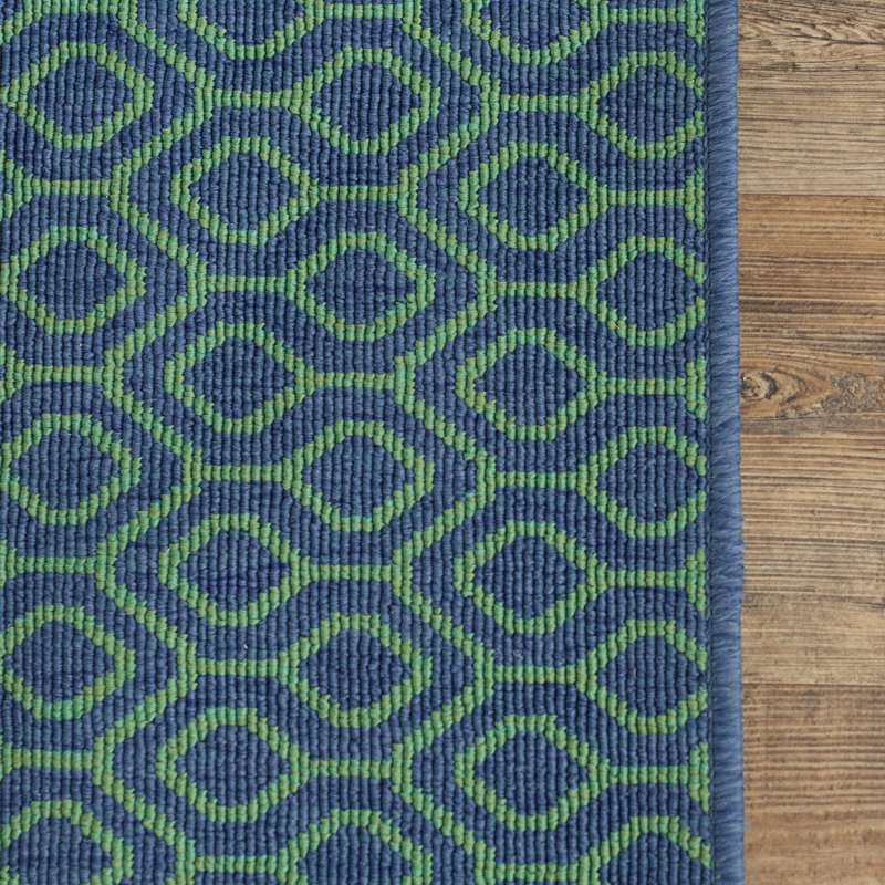 Navy and Green Geometric Stain-Resistant Synthetic Runner Rug