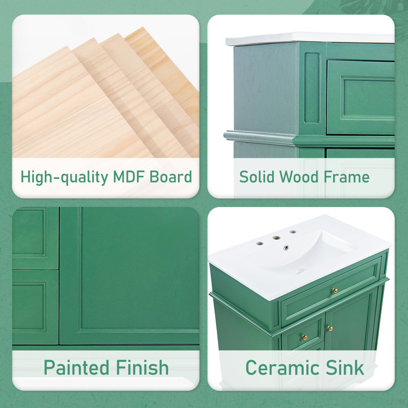 30" Bathroom Vanity With Sink, One Tip-Out Drawer, Three Drawers, Door Shelf, Soft Closing Door