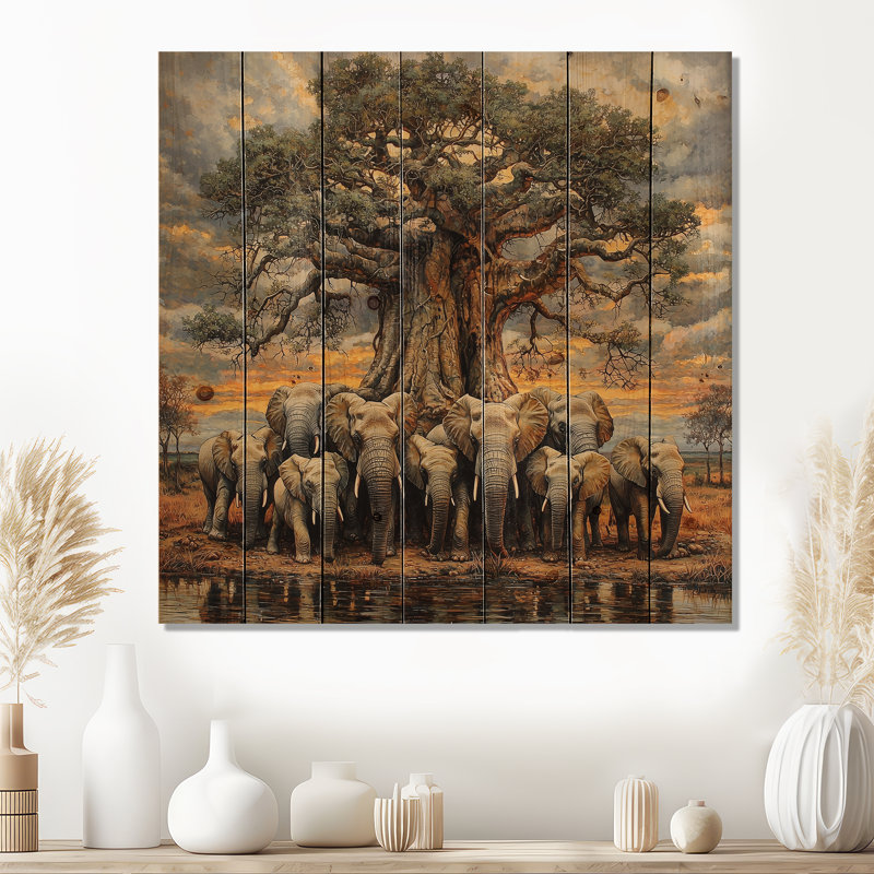 Éléphants d'Afrique par le baobab I - Éléphant, art mural en bois animal - sur bois de pin naturel