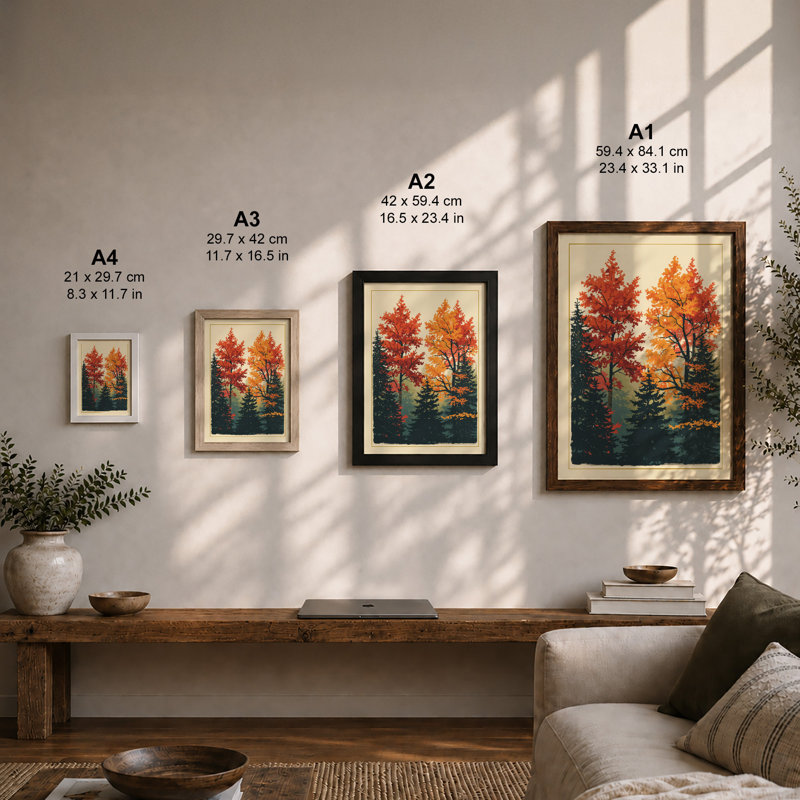 Autumn Woodland Layers Rustic - Framed Print, A2 - 59.4 x 42.0 cm, Walnut