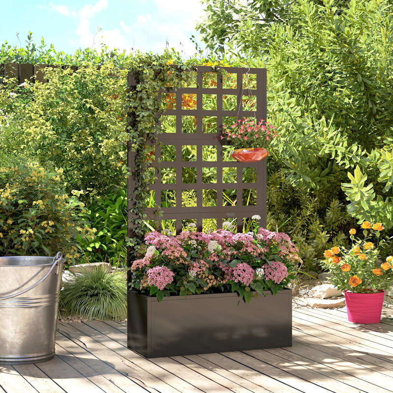 Galvanized Raised Garden Bed Planter Box With Trellis For Climbing Plants, Vegetable, Vines, 24" X 9" X 44.5", Black, Black