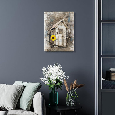 Rustique Outhouse Wall Art Vintage tournesol dans Outhouse, peinture sur toile, ferme, décoration murale, affiche encadrée, maison pour salon, chambre, salle de bain, décoration, 12 x 16 pouces
