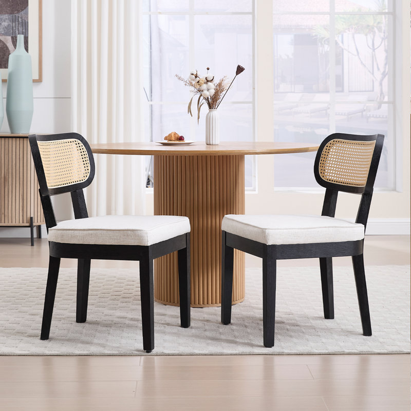 Rattan Dining Chairs Farmhouse Dining Room Chairs Wooden Kitchen Chairs Side Chairs With Cane Backrests, Beige/Black