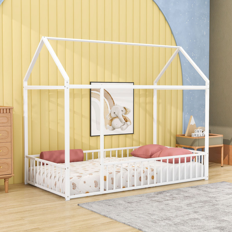 Twin Metal House Bed With Fence-Style Guardrails, White