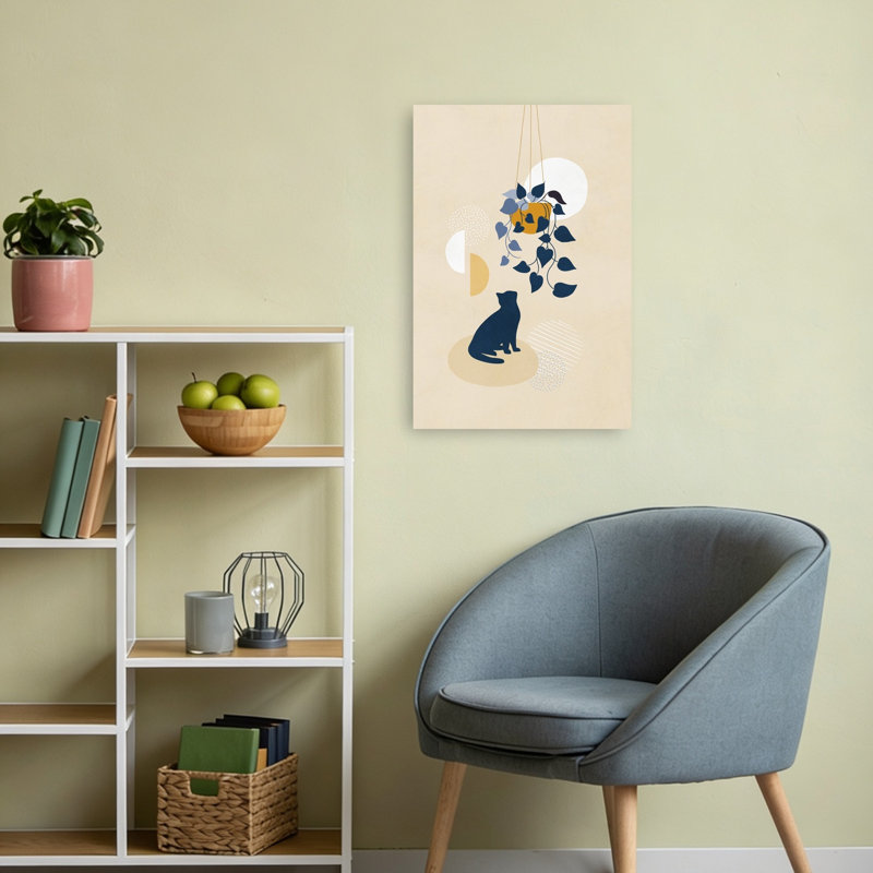 Curious Cat Under Plant Abstract Minimalist Modern Cat Nature Plant Wall Art Print, 60.96cm H x 40.64cm W