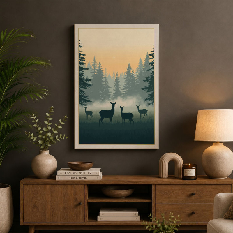 Deer in Misty Forest Scandinavian - Wrapped Canvas, 30x20 - 76.2 x 50.8 cm, Black Border
