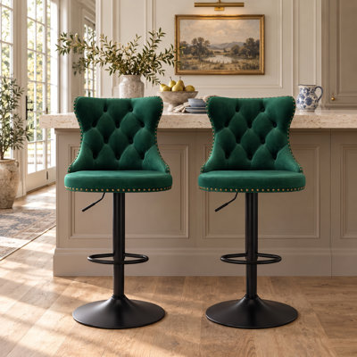 Tabourets de bar pivotants réglables, capitonnés et réglables, style glamour moderne, avec garniture cloutée et base en métal (lot de 2)