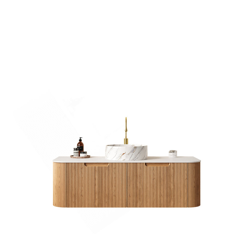 Meuble-lavabo 48 po avec lavabo, meuble-lavabo mural à bords arrondis avec 2 tiroirs, lavabo rond en céramique blanc avec motif de pierre, pré-assemblé, couleur grain de bois naturel