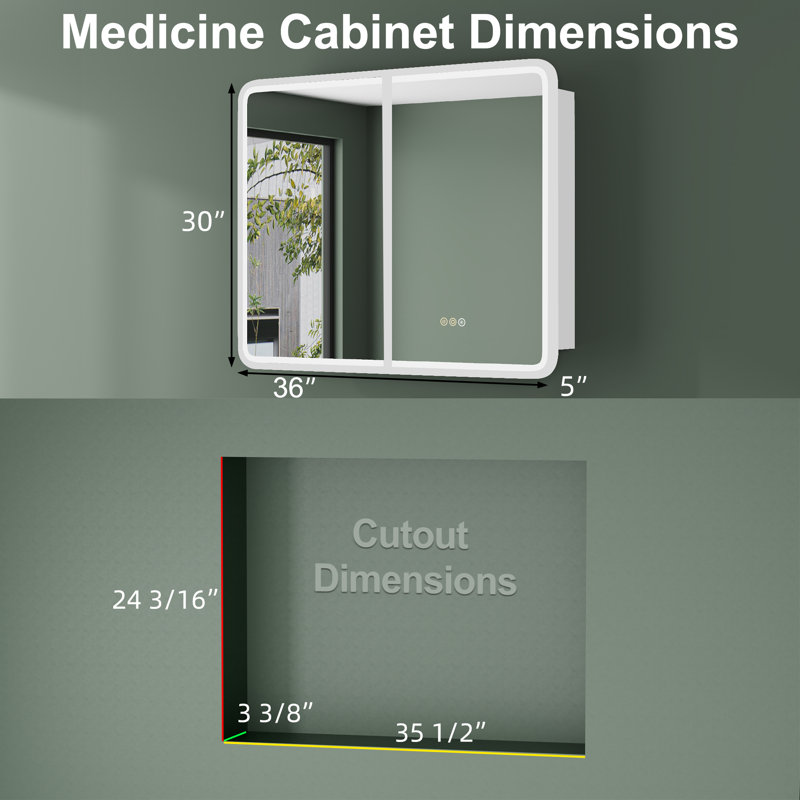Brendyn 36'' W x 30'' H LED Medicine Cabinet with Mirror, Dimmable & Color Adjustable Lighting, Anti-Fog, Memory Function, Adjustable Glass Shelves, Recessed or Surface Mount, ETL Listed