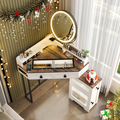Meuble-lavabo de coin 17 étages avec miroir, lumières DEL, tiroirs et prise de courant, coiffeuse pour filles