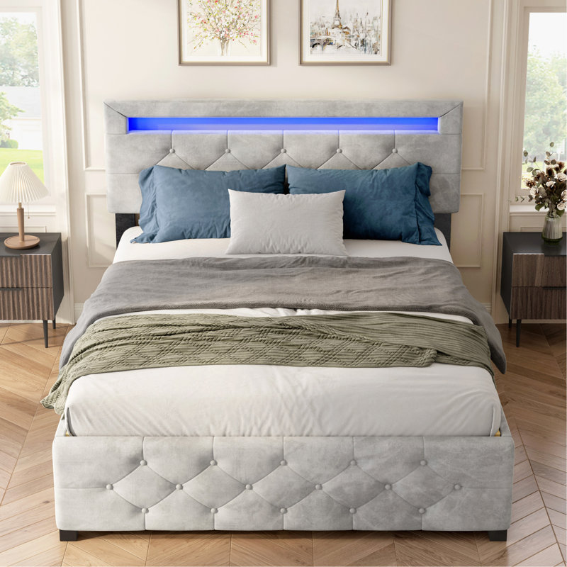 Lit plateforme tapissier luxueux avec lumière DEL et fabrication robuste, Grand lit