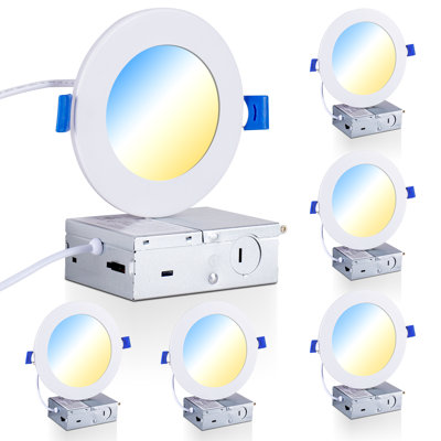 Ensemble de 6 plafonniers encastrés à DEL ultra-minces intégrés 4,7 po 5cct avec boîte de jonction, 9 W 800 lm à intensité variable