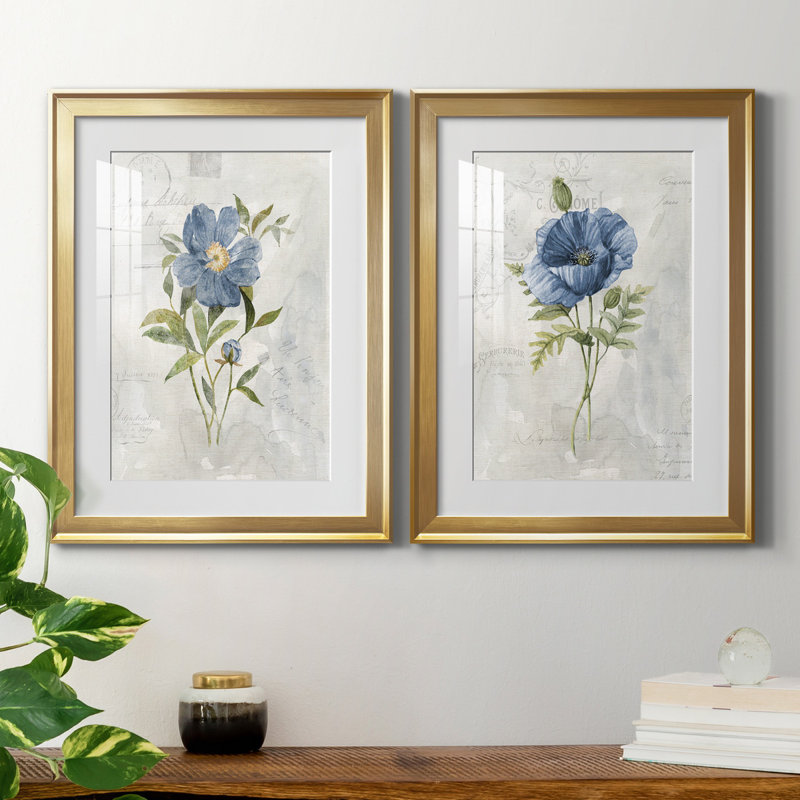 Blue Linen Peony - ensemble de 2 reproductions d'art, H 18,5 po x l 49 po x P 1,5 po, Papier encadré doré, Blanc