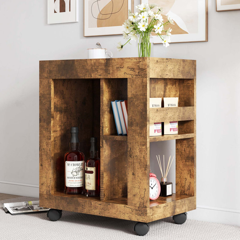 Armoire latérale de style moderne Mid-Century pour canapé, casier de rangement de chariot brun et tablette pour le salon.