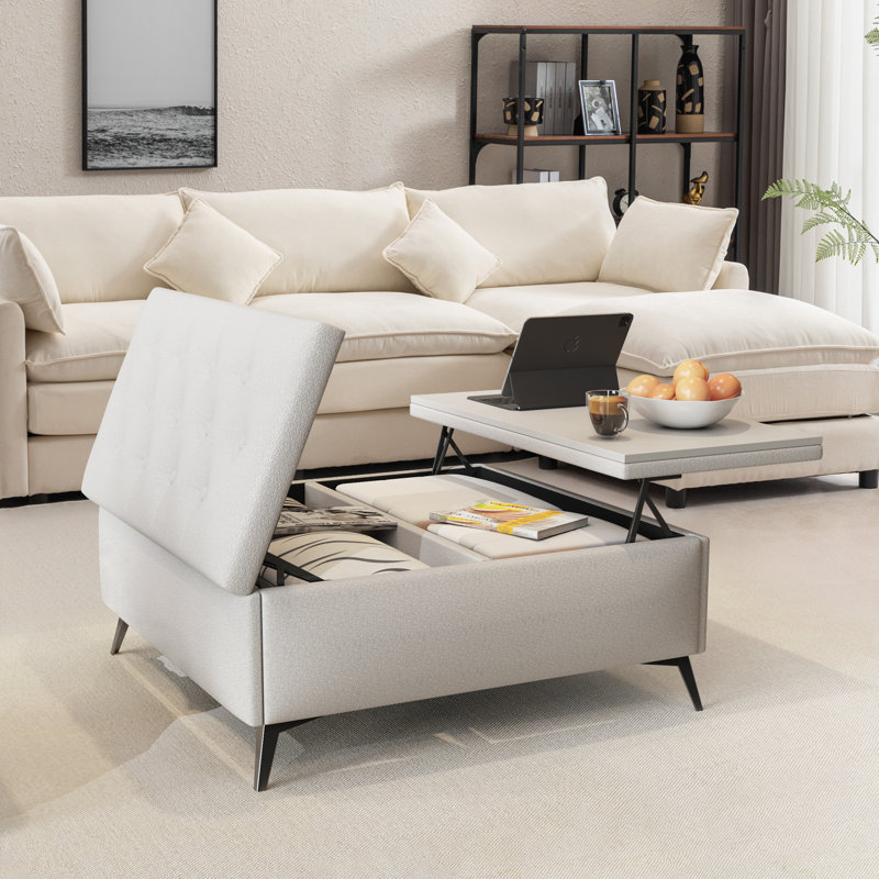 35 Inch Wide Square Storage Benches Coffee Table, Beige Top/Black Base