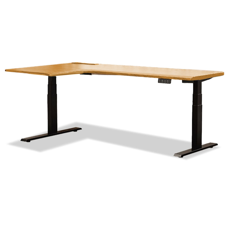 Bureau électrique en L en bois massif à hauteur réglable avec base en métal, H 24,41 po x l 62,99 po x P 43,31 po