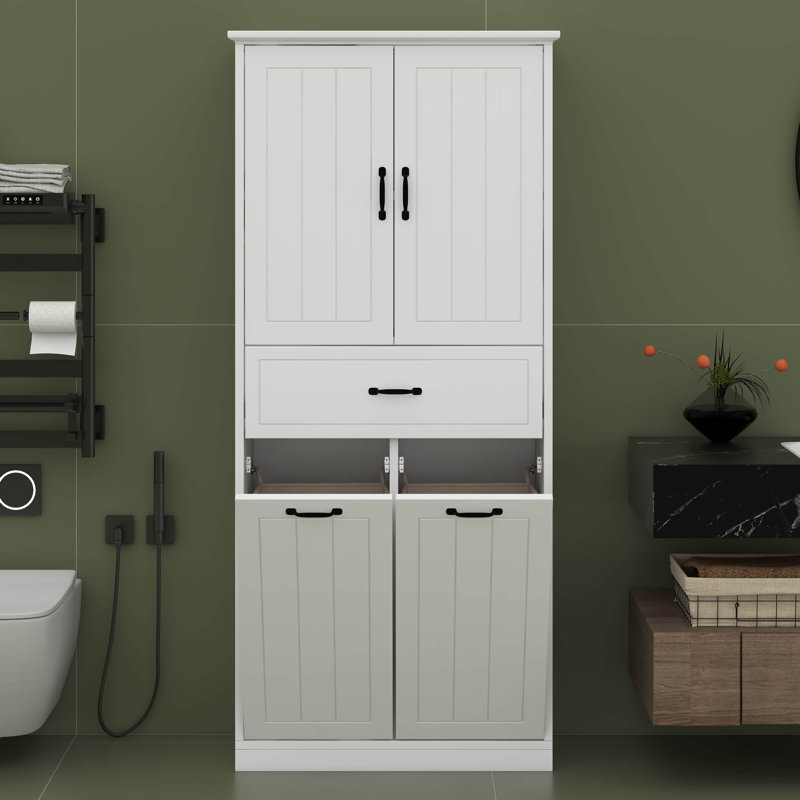 Armoire de rangement haute pour salle de bain avec 2 paniers à linge, armoire de salle de bain en bois avec portes et tiroir, tablettes réglables