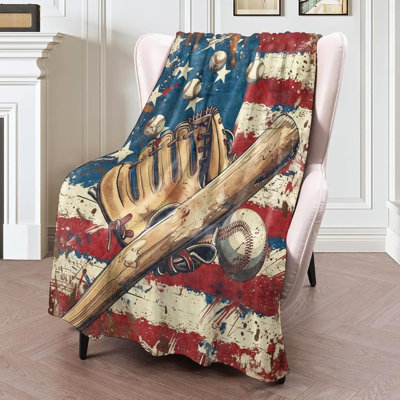 Baseball American Flag Flannel Blanket 80x60in, Vintage Sports Throw with Glove, Bat and Balls on Distressed USA Flags, Soft Lightweight Blankets for Fans, Patriotic Decor Gifts