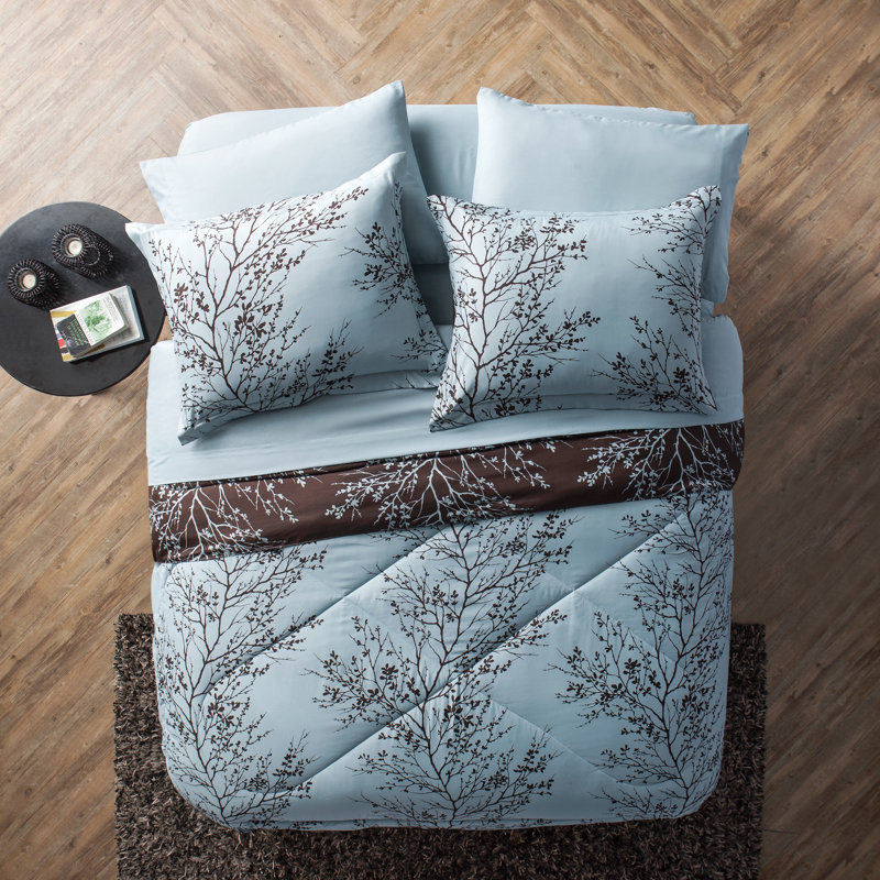 Queen Blue and Chocolate Floral Microfiber Bed in a Bag Set