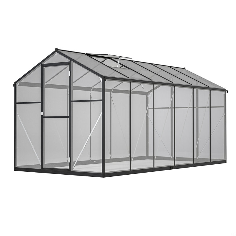 Serre en polycarbonate, serre avec double porte affleurante, gouttière et fenêtre de ventilation, serre