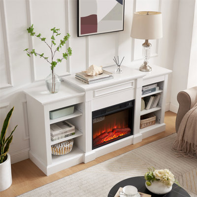 Console multimédia moderne avec grand rangement et foyer encastré, idéale pour le divertissement télévisé et une utilisation polyvalente à la maison