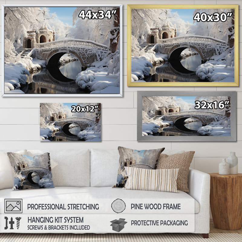 Snowy Bridges, reproduction d'art sur toile, H 16 po x l 32 po x P 1 po, Cadre naturel flottant