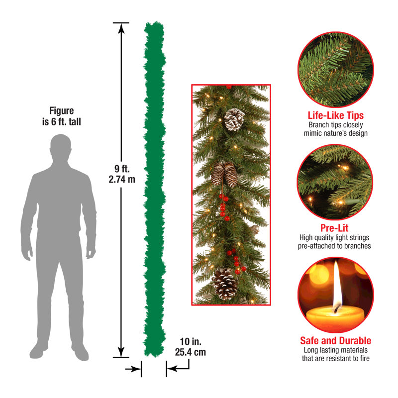 9-Foot Green Artificial Garland with Pine Cones and Red Berries