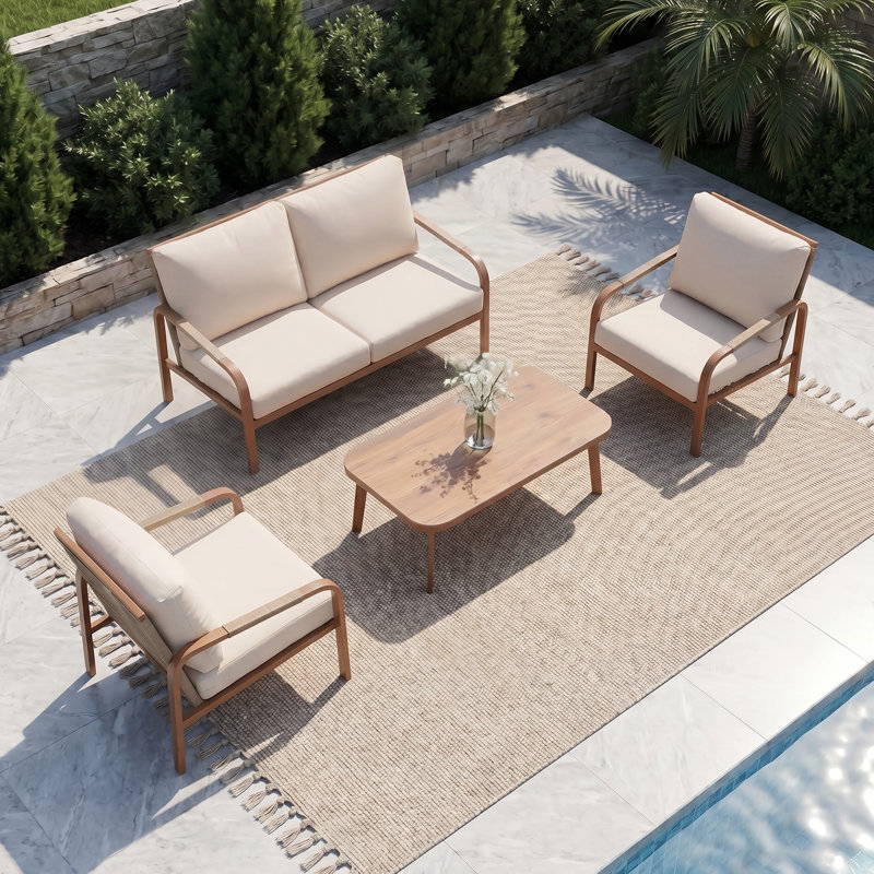  Ensemble de conversation de patio 4 pièces avec cadre en aluminium, dossier en rotin PE et coussins imperméables, canapé d'extérieur et table basse pour balcon de jardin, beige