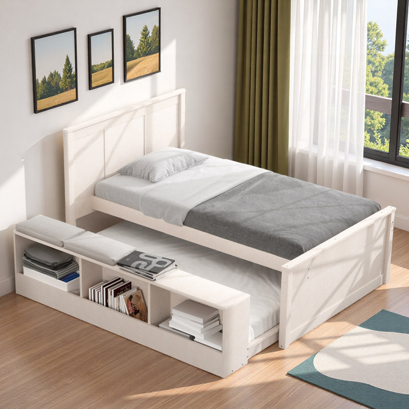 Lit plateforme en bois avec lit gigogne escamotable et compartiments de rangement latéraux, Blanc, crème, Lit simple