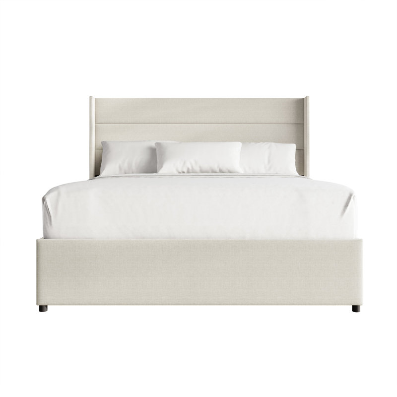 KING SIZE WINGBACK PLATFORM LIFT UP STORAGE BED IN BEIGE LINEN, KING, BEIGE