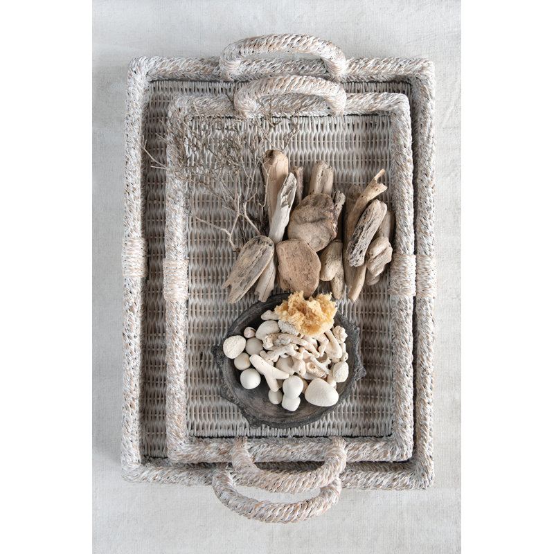 Whitewashed Rattan Decorative Trays with Handles, Set of 2