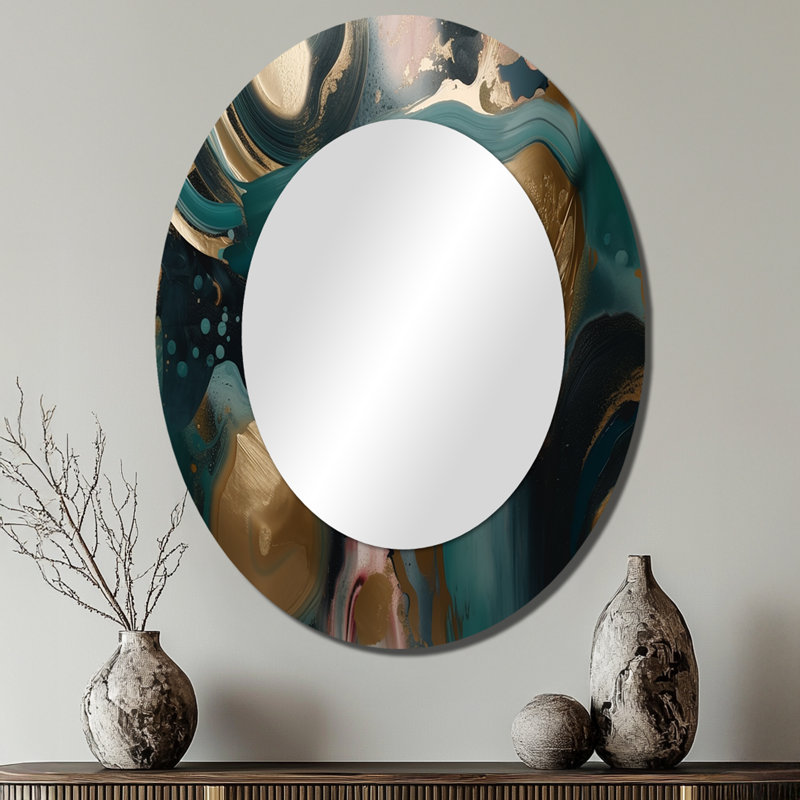 Or et vert marbré Euphoria I - miroir mural ovale moderne doré, 40 po x 30 po