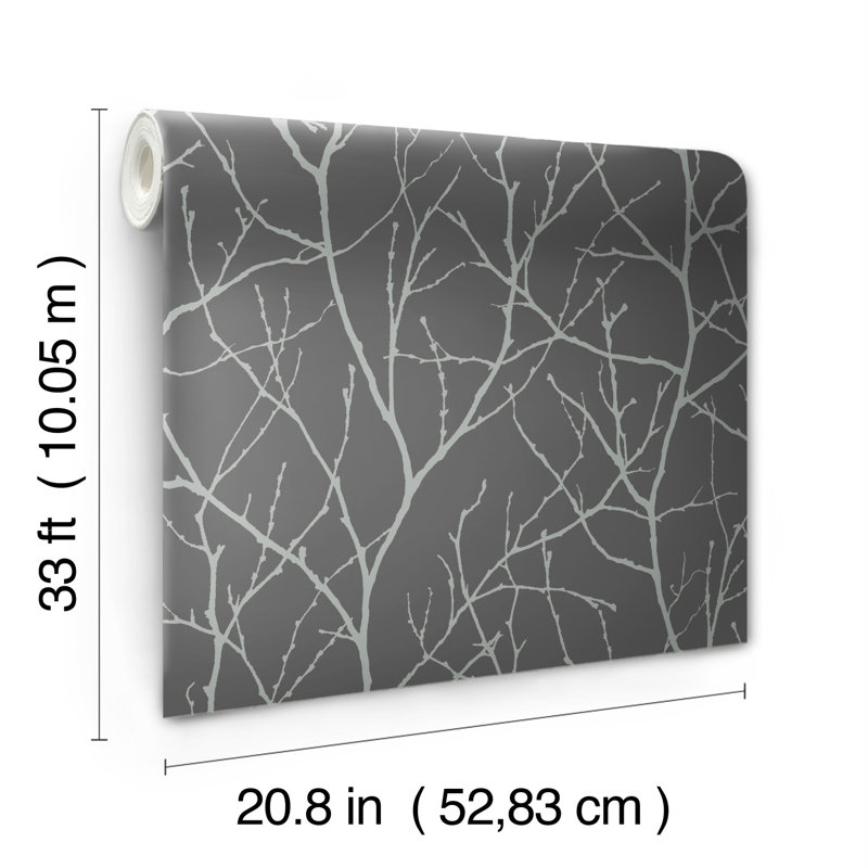 Trees Silhouette Floral Metallic Wallpaper Roll, Black/Silver