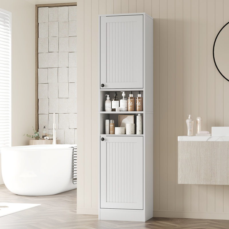 Farmhouse Bathroom Cabinet With 2 Doors, 67" Tall Slim Freestanding Cabinet, Narrow Floor Storage Unit With Open Shelf And Adjustable Shelves For Bathroom, Living Room, Kitchen, White