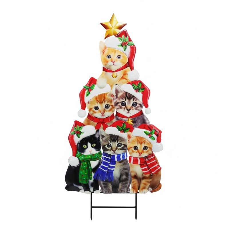 30" Cute Cat Christmas Yard Stakes - Santa Hat Stacking Tree-Shaped Outdoor Lawn Decor