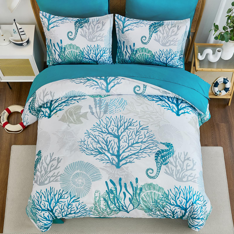 7-Piece Coastal Beach Comforter Set, Ocean Nautical All-Season Bedding, Coral/Seahorse