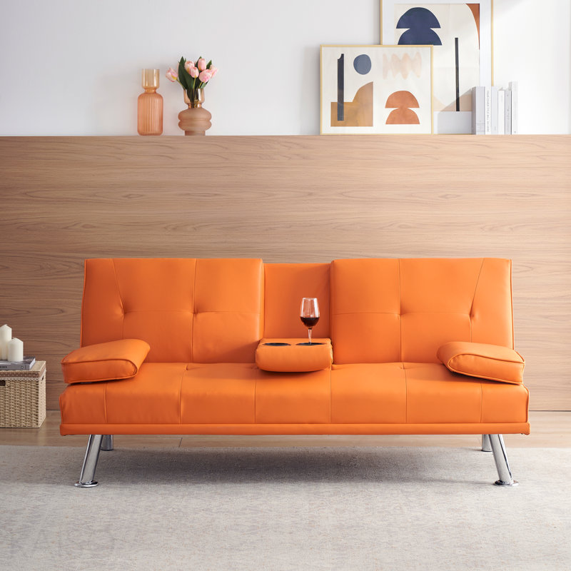 Canapé-lit de bureau 67 po en similicuir orange double pliable avec table basse 67 po