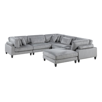 6Pc Modular Sectional Set Gray Corduroy Upholstery 2X Armless Chairs 3X Corner Seats 1X Ottoman Pillows Living Room Furniture