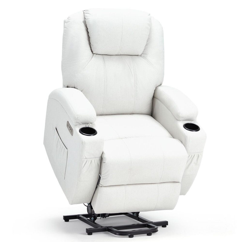 Faux Leather Lift Assist Recliner, Ivory Microfiber Microsuede