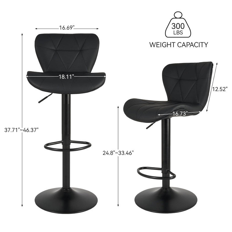 Black Adjustable Swivel Faux Leather Bar Stools Set of 2