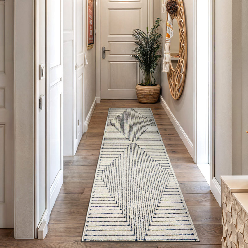 Modern Cream And Black Geometric Area Rug, Runner 2'2" x 12'
