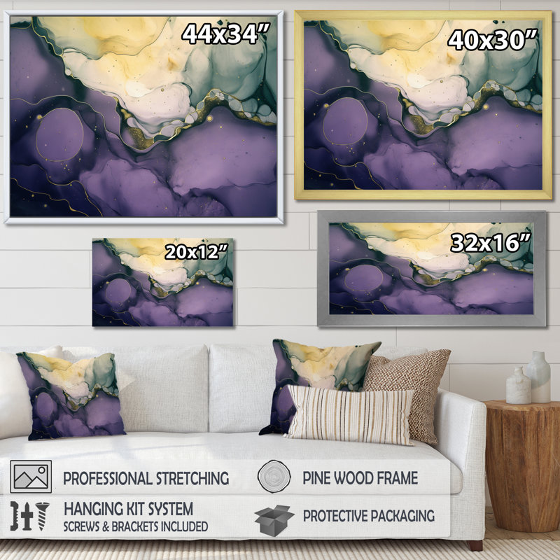 Encre de marbre mauve et grise mauve IV, reproduction sur toile, H 30 po x l 40 po x P 1,5 po, Cadre simple noir