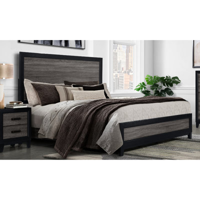 Lit simple avec finition deux tons gris foncé et noir, composé de bois massif, incrustation de bois rustique, 4 lattes, largeur de 40,02 po, profondeur de 81,14 po, hauteur de 61,02 po, poids de 63,01 lb