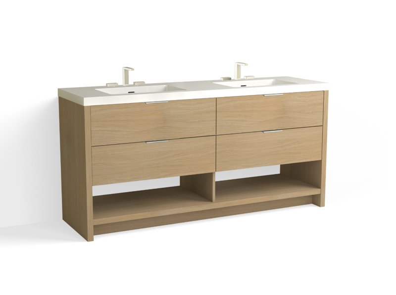 Vue 72" W Freestanding Double Bathroom Vanity, Biondo, Polished Nickel, Matte White/8" Widespread