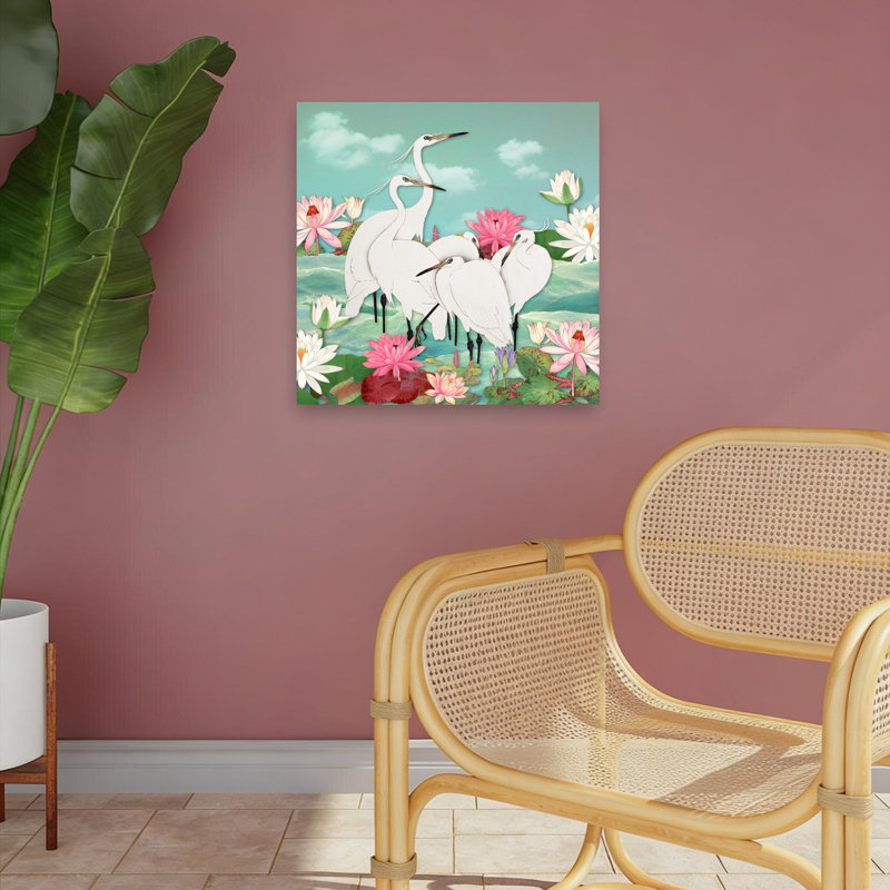 White Egrets Lotus Pond Elegant Peaceful Serene Bird Lily Lotus Nature Wildlife Wall Art Print 1 Piece Wrapped Canvas Wall Art